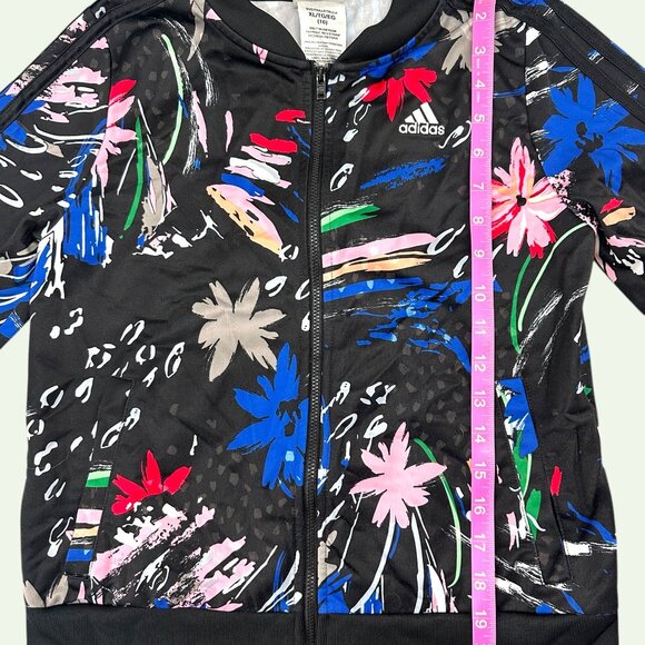 Adidas Girl's Black Floral Print Track Zip Up Jacket - Picture 7 of 7